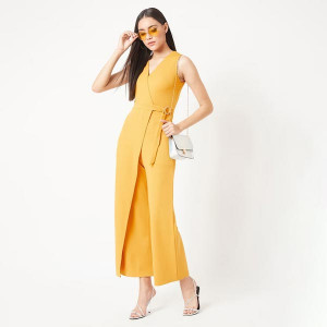 Women Mustard Yellow Solid Basic Jumpsuit